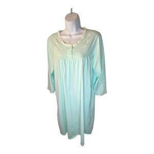 Kay Anna Soft Cotton Large Long Night Gown Satin Embroidery Buttons Mint Green
